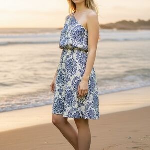 Cupshe Elegant Blue and White sundress or coverup one shoulder.Scrunched waist